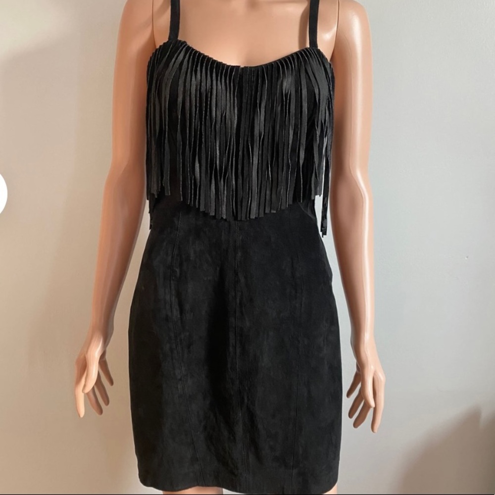 Leather-90’s Firenze Santa Barbara Black Leather Suede Fringe Mini.